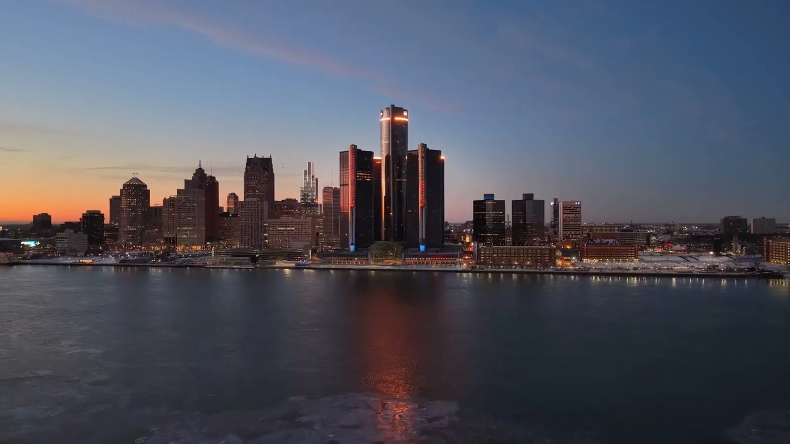 Aerial view of the Detroit skyline at dusk, from a RAW Detroit drone film